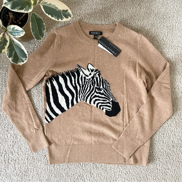 Banana Republic Sweaters - Banana Republic | Zebra Merino Wool Tan Crew Neck Animal Sweater